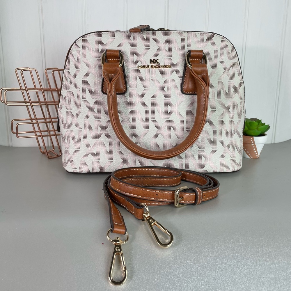 Noble Exchange White and Tan Handbag Crossbody Bag